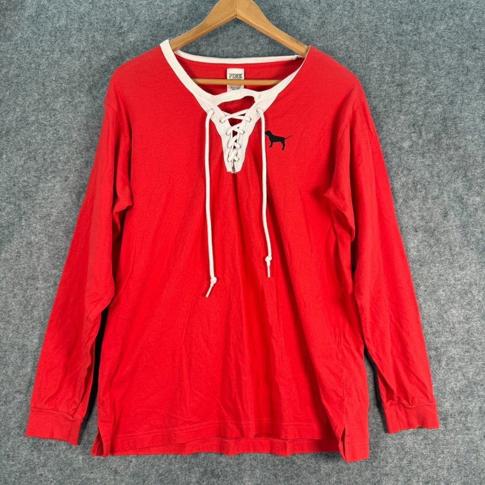 Victoria's Secret Pink Womens Lace Up L/S Shirt Top Red Large L Lounge Cozy